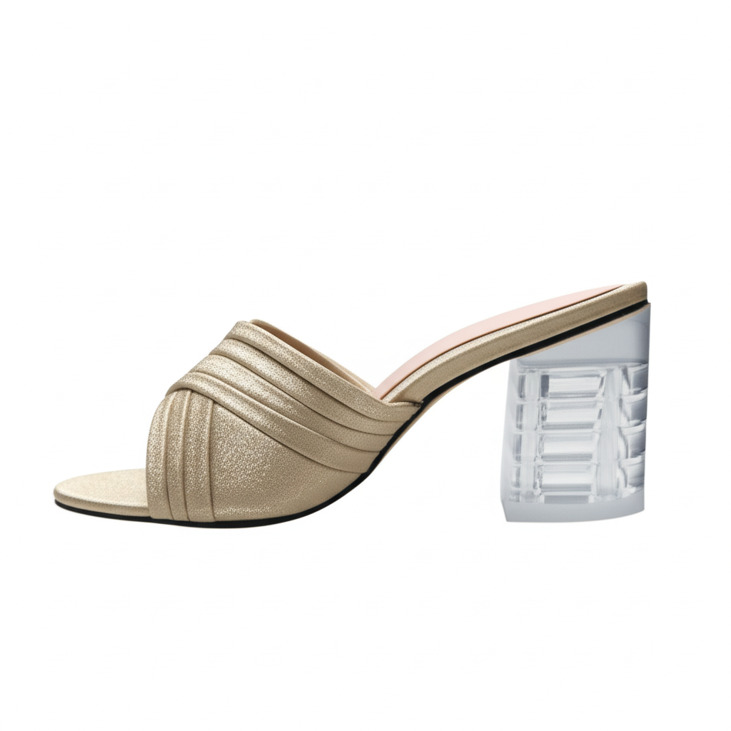 Women's Open-Toe Slip-On Heels - Shimmer Mules with Transparent Block Heel