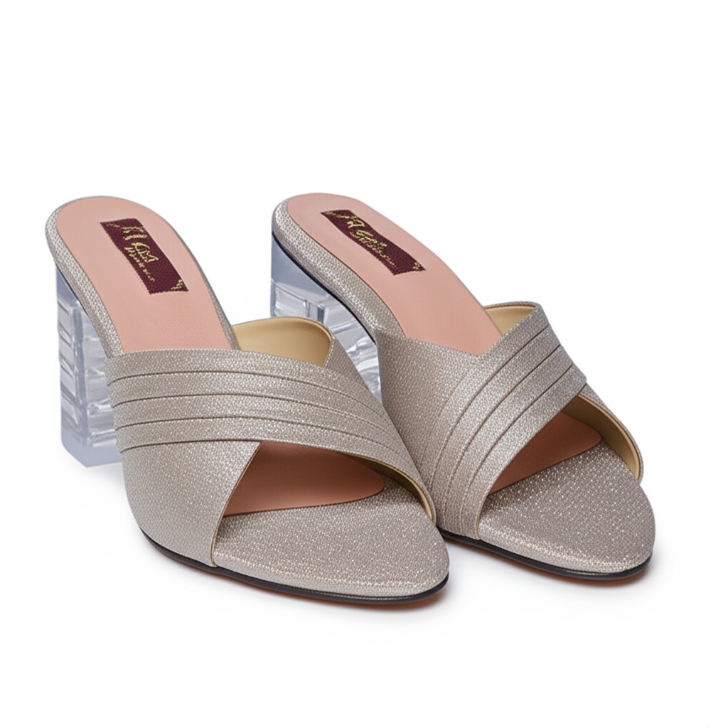 Women's Open-Toe Slip-On Heels - Shimmer Mules with Transparent Block Heel - Image 2